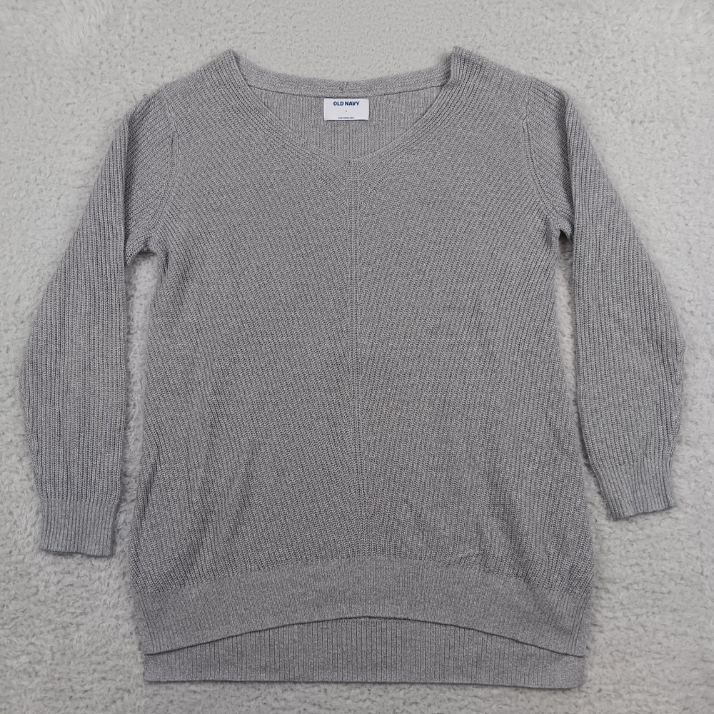 Old Navy Sweater Textured V Neck Womens L Grey Marl Cotton Blend 599699-02